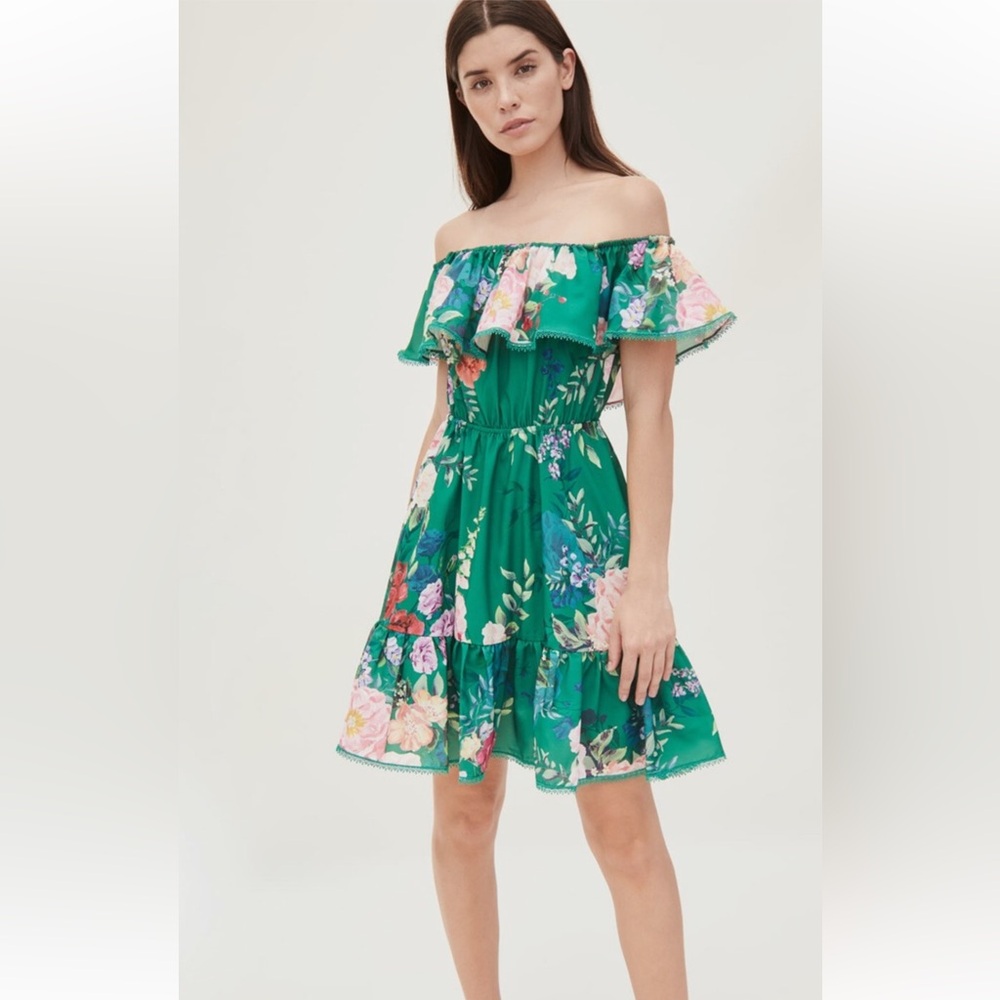 Marchesa Notte Emerald Roses Floral Off-Shoulder Dress Size 2 New